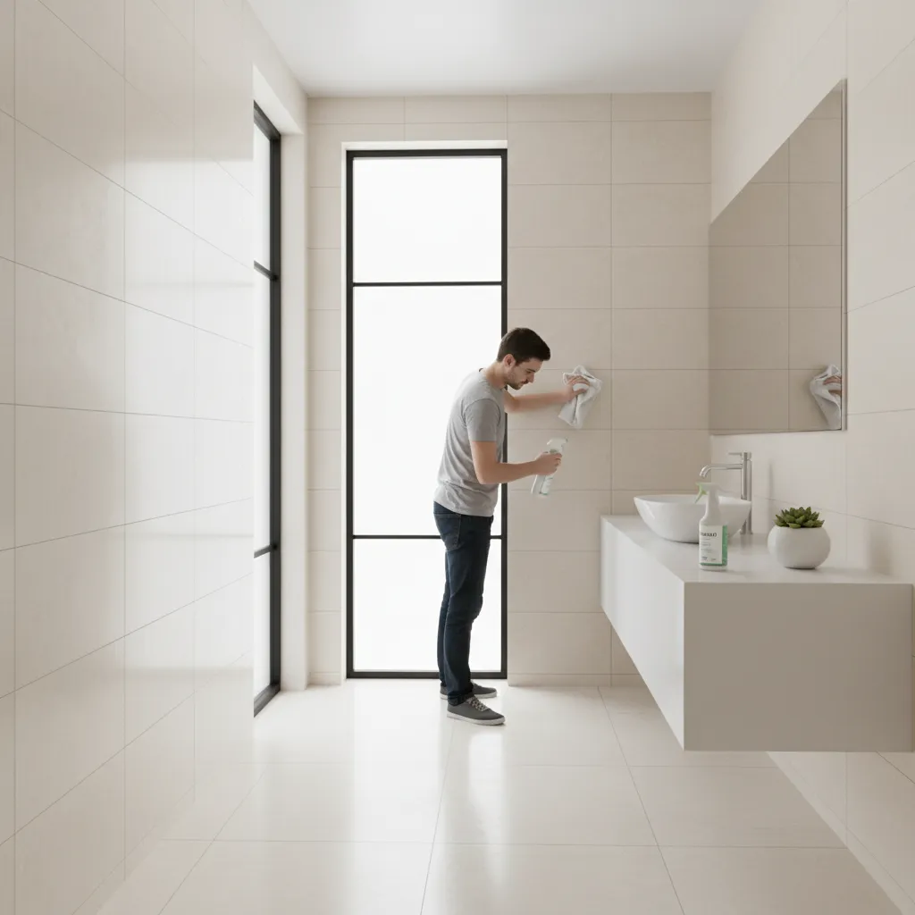 Cleaning ivory bathroom tile with microfiber cloth and gentle cleaner