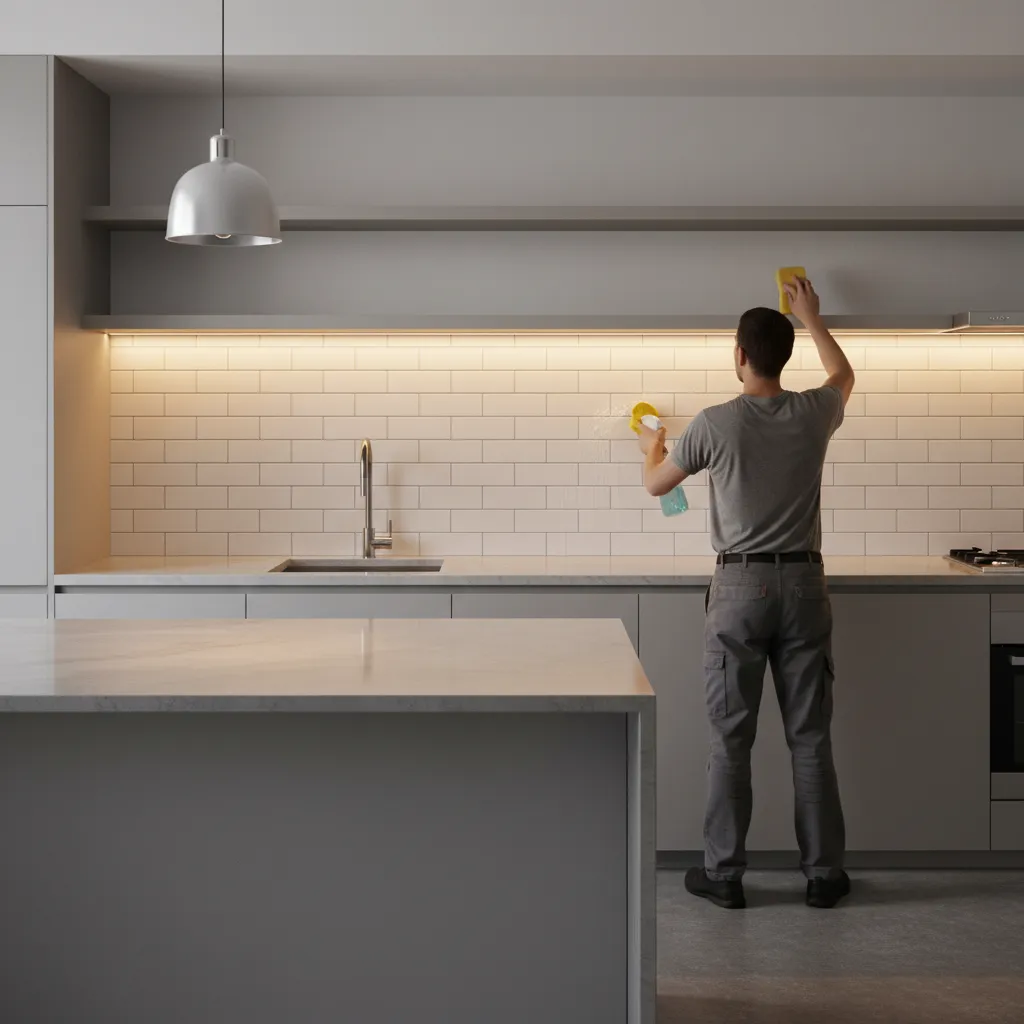 cleaning kitchen tile backsplash with sponge and degreasing solution