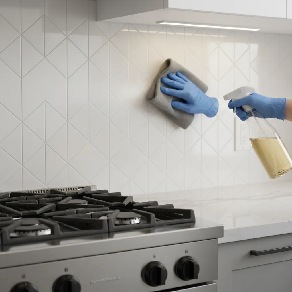 Cleaning greasy kitchen backsplash with spray and cloth