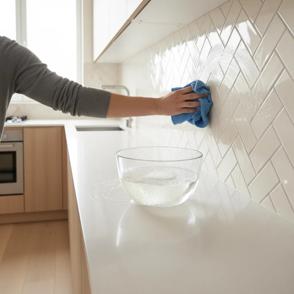 Person cleaning a cream tiled wall with a blue cloth and bowl of soapy water