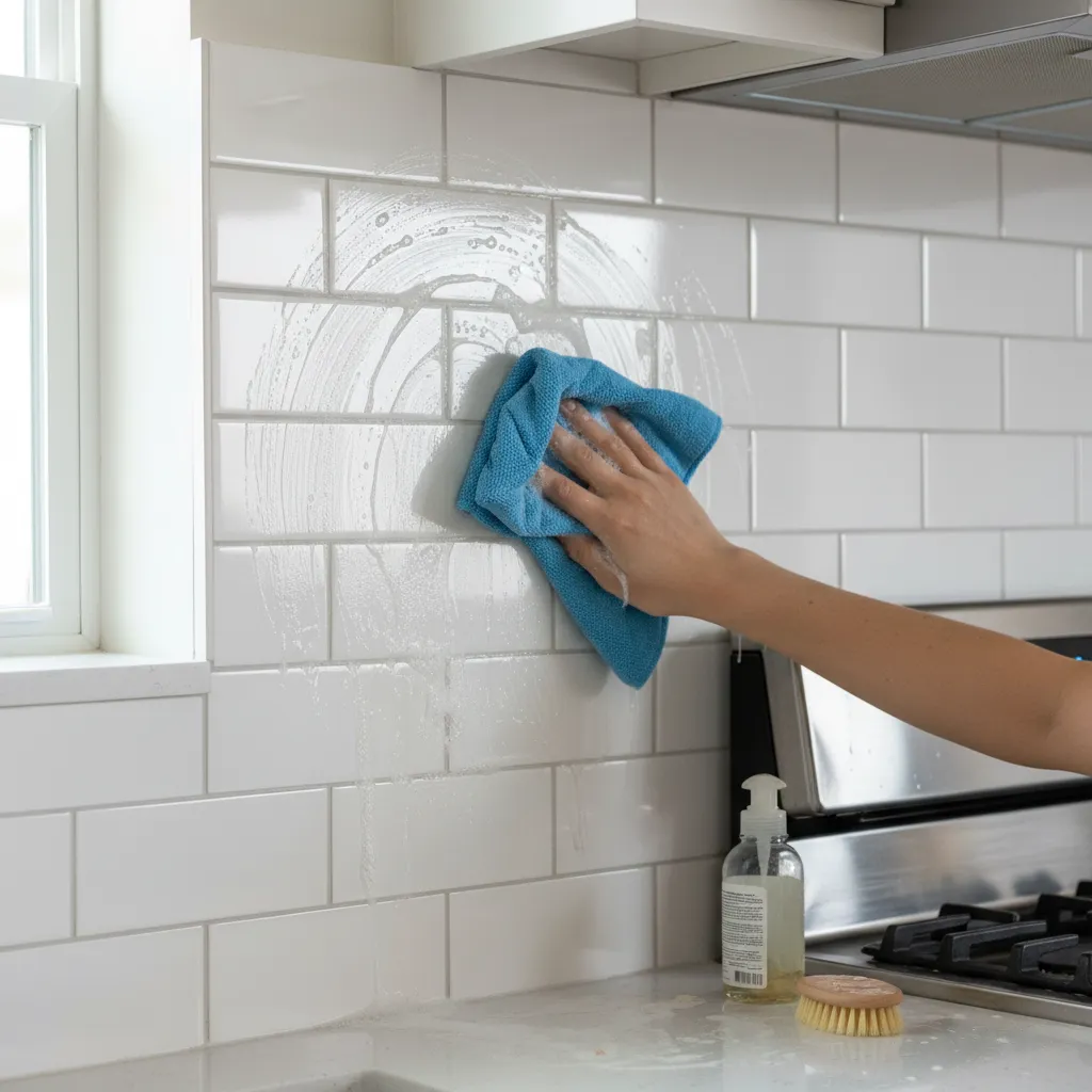 person wiping greasy kitchen backsplash with microfiber cloth