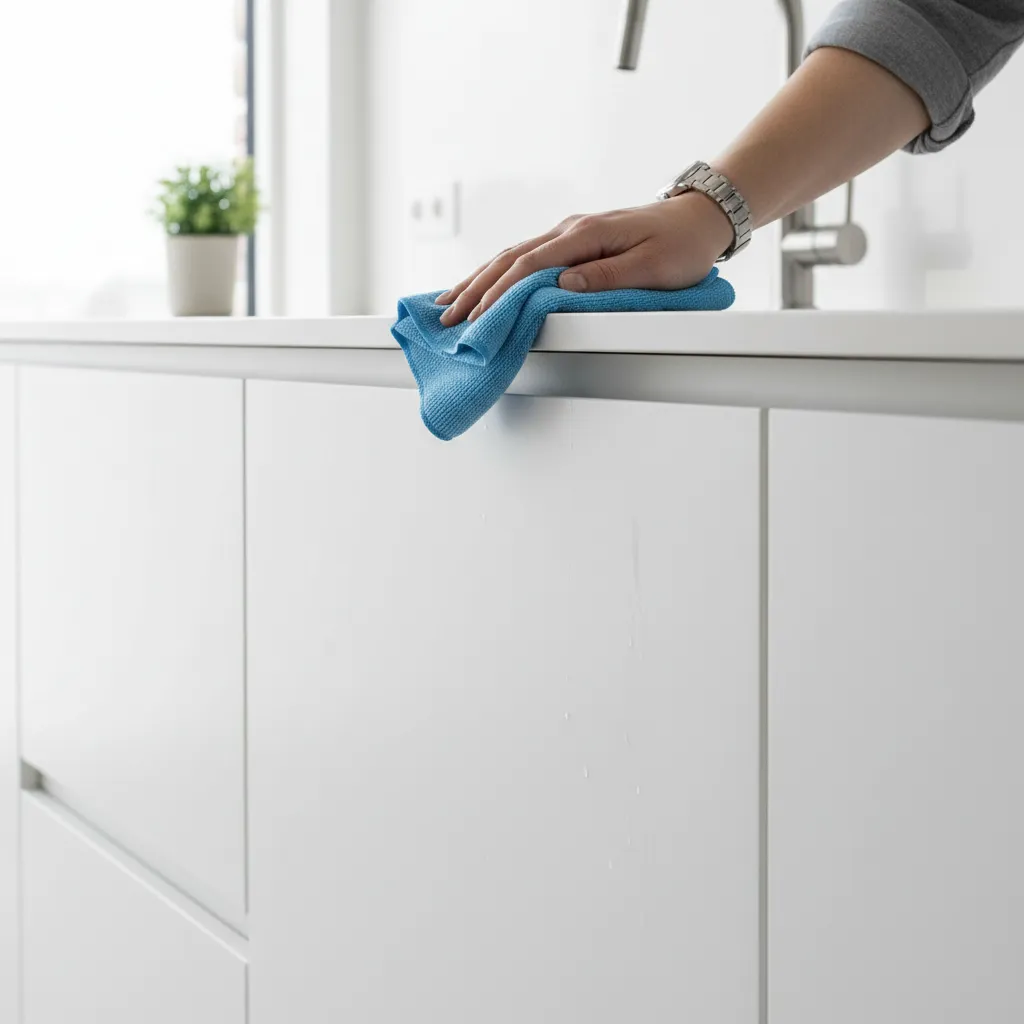Hand wiping kitchen cabinet door with cloth during routine cleaning