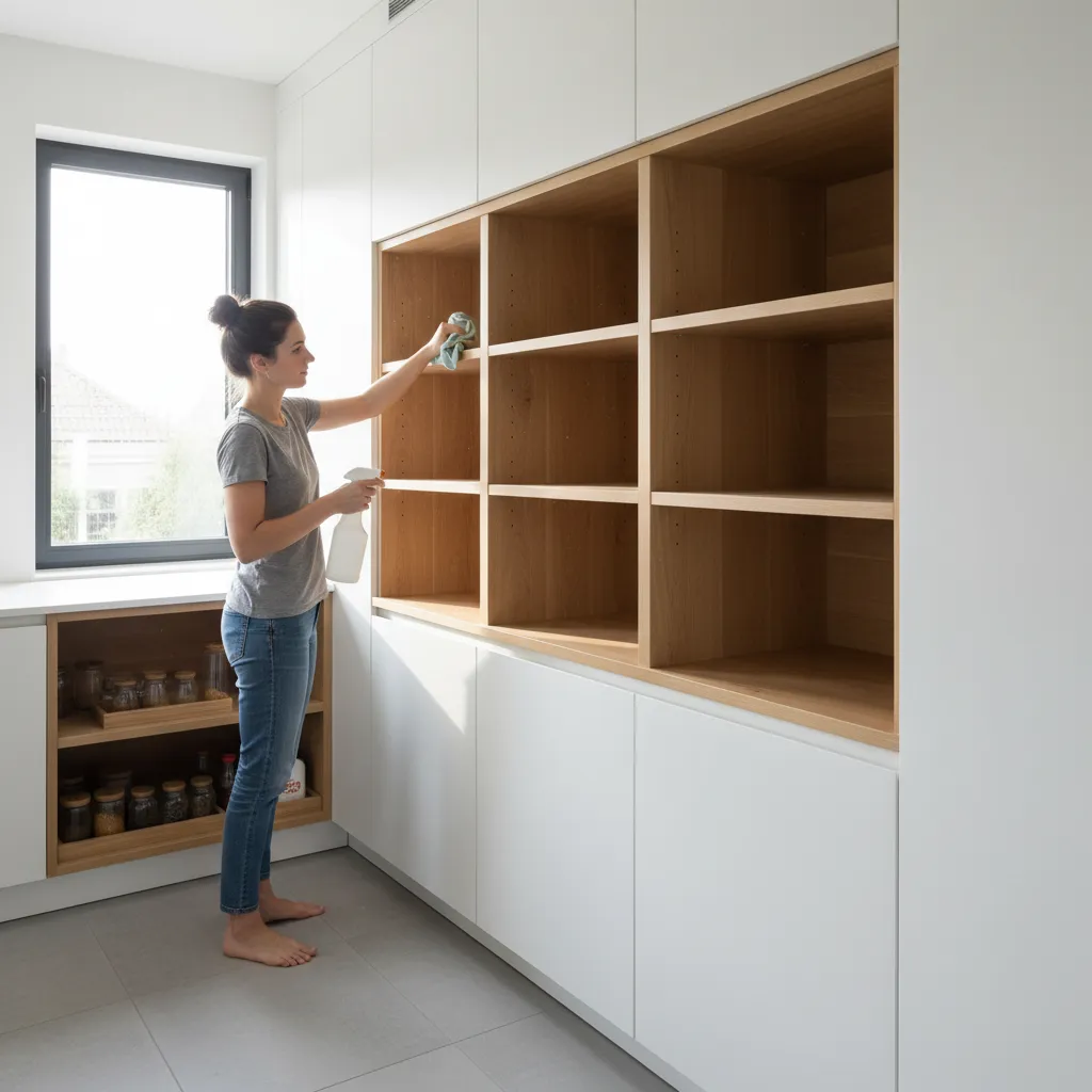 person cleaning kitchen cabinet shelf to remove pantry pests
