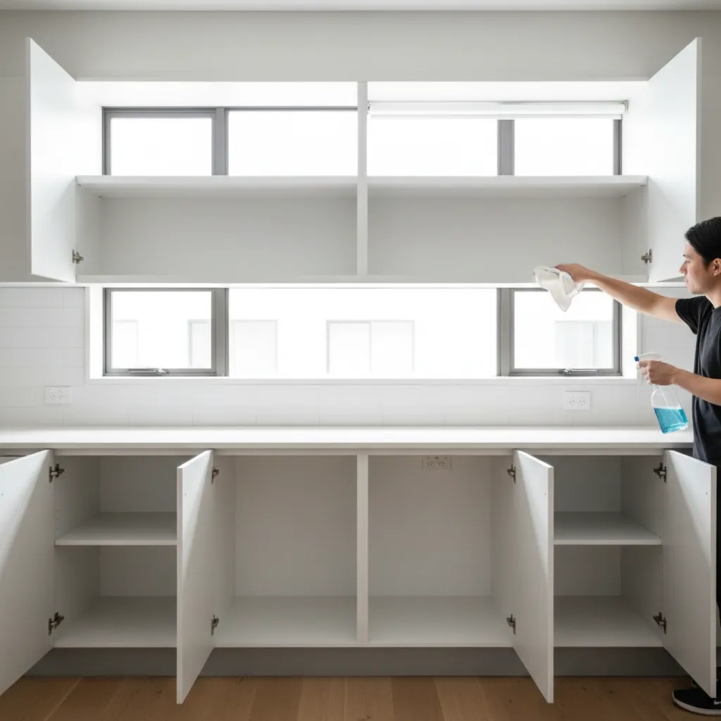 Deep cleaning kitchen cabinet shelves to remove crumbs