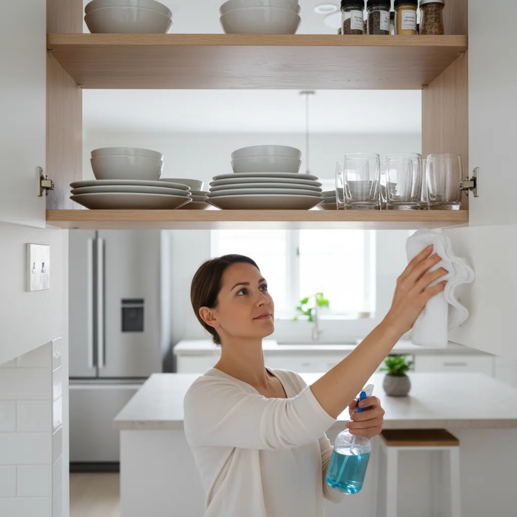 Wiping kitchen cabinet shelves with vinegar solution to remove ant trails