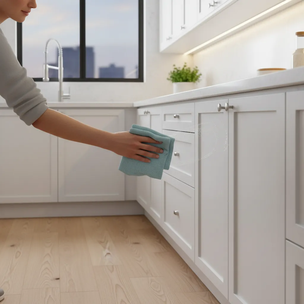 cleaning greasy kitchen cabinet doors with soft cloth