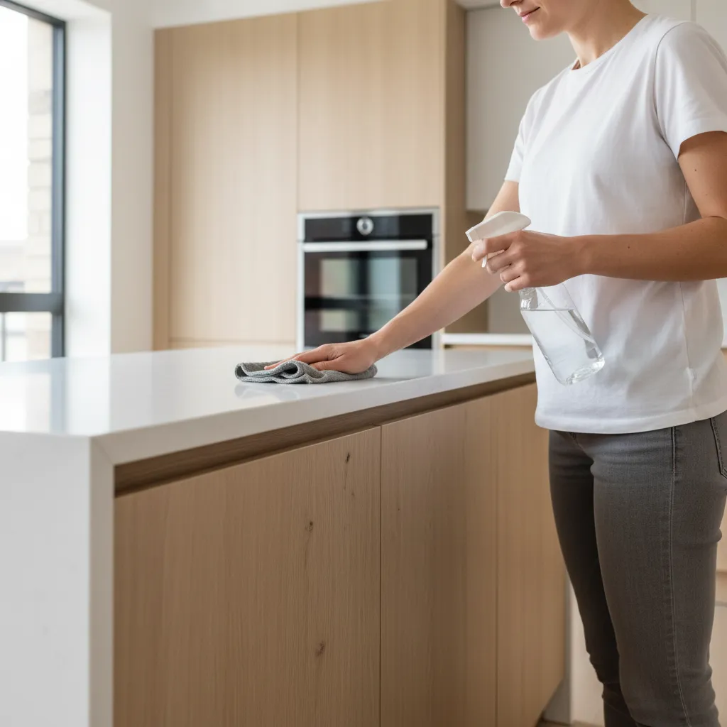 cleaning kitchen cabinet door using microfiber cloth and spray cleaner