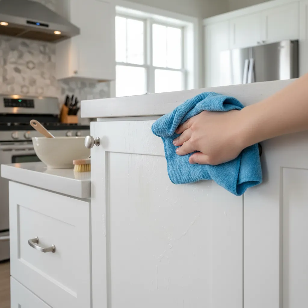 Person using a blue cloth to wipe down white kitchen cabinet doors with soapy water splashes