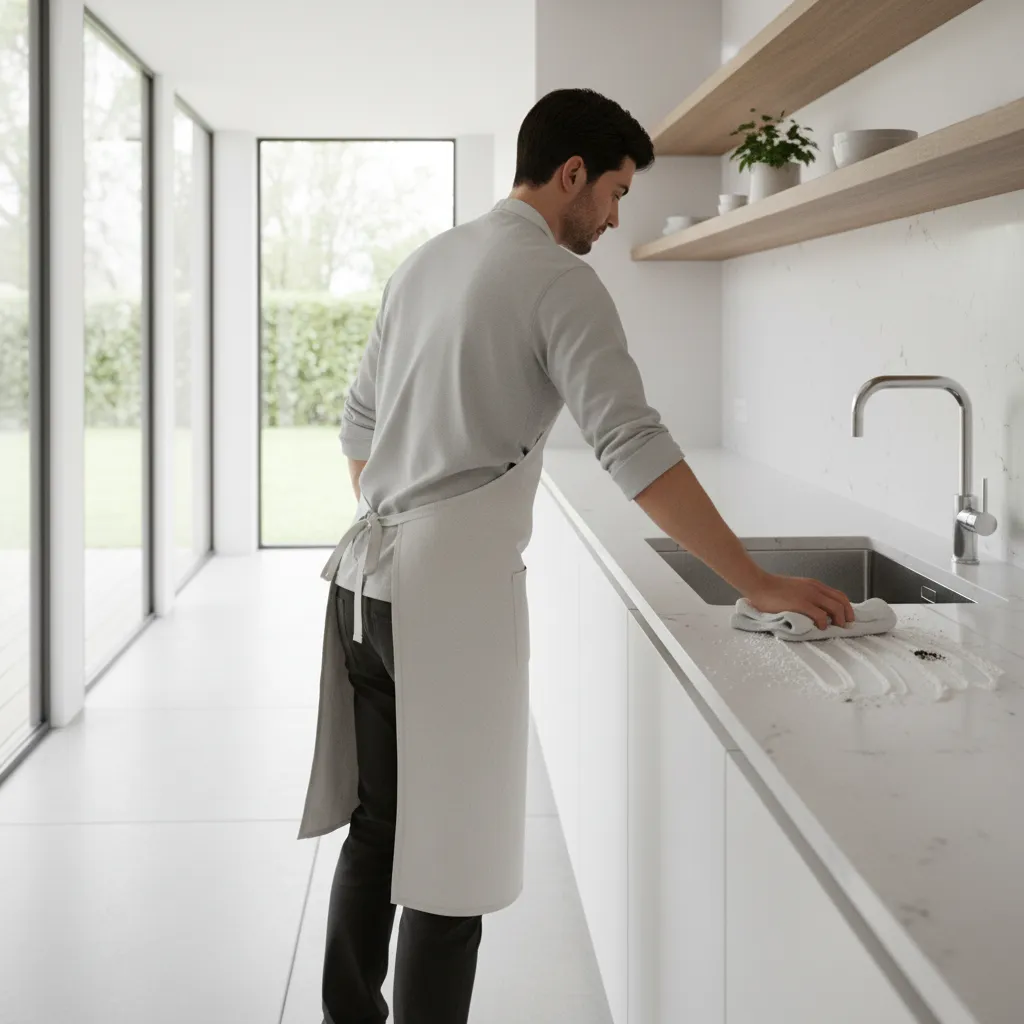 person wiping kitchen countertop with baking soda cleaning solution