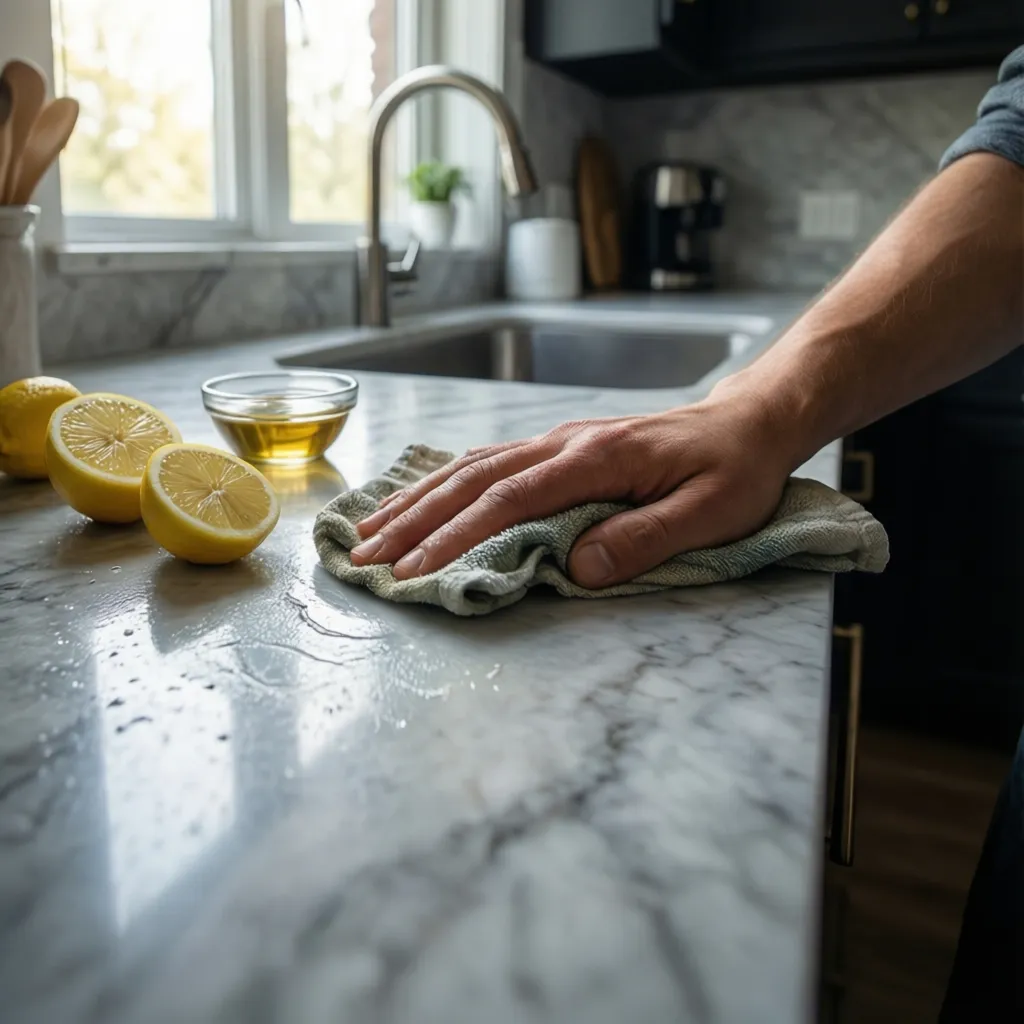 person cleaning kitchen counter with lemon and vinegar solution
