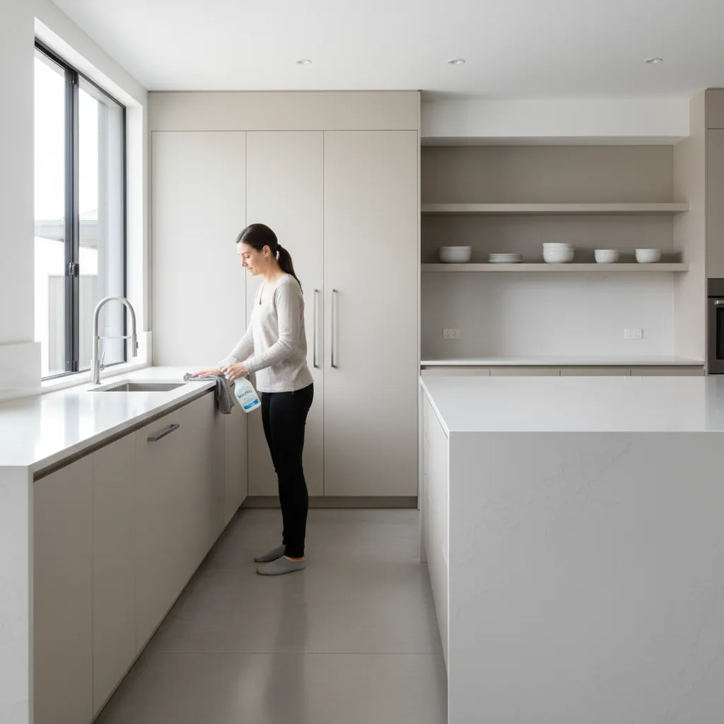 Person wiping a kitchen countertop with cleaning spray and cloth