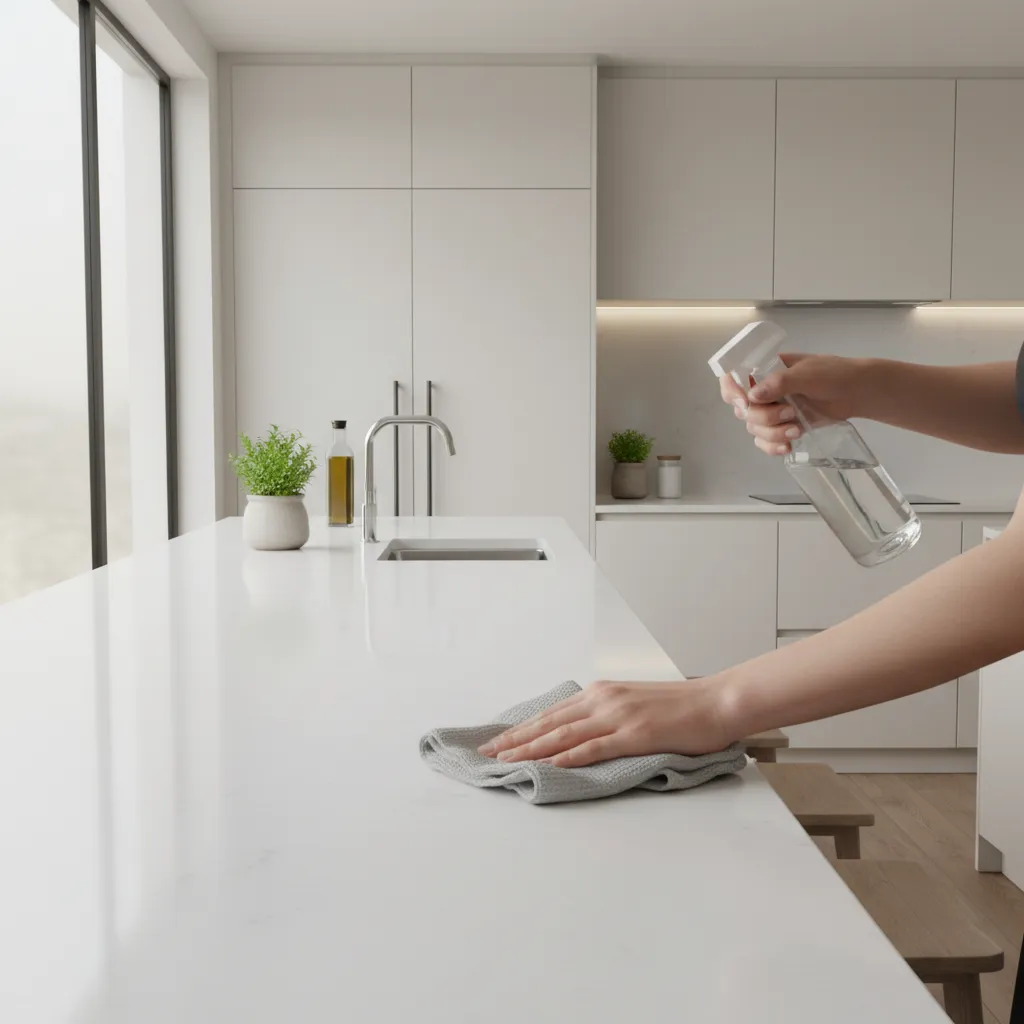 Person cleaning white kitchen island surface with a clear spray bottle and a grey cloth
