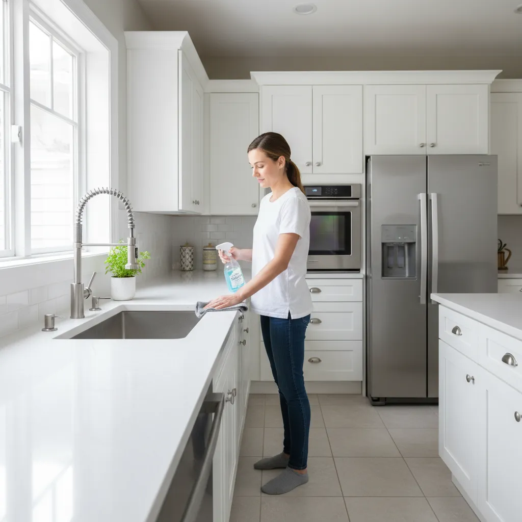 person cleaning modern kitchen countertop with spray cleaner