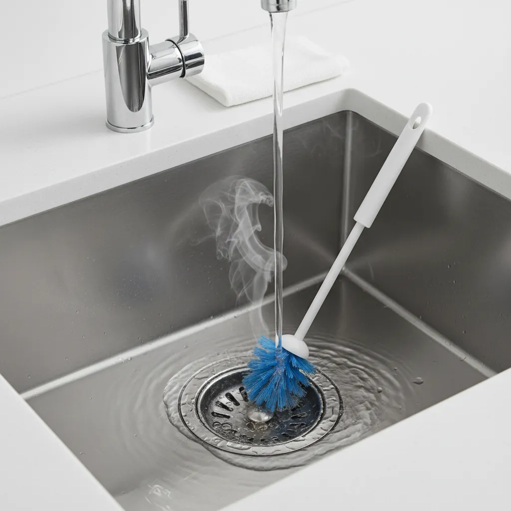 Cleaning a metal kitchen sink drain with a blue brush while hot water is running