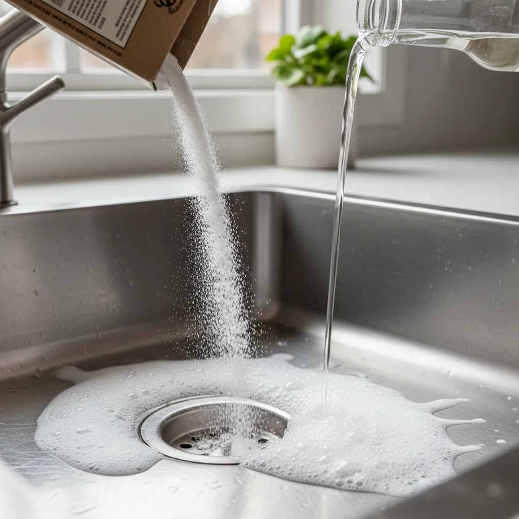 cleaning kitchen drain using baking soda and vinegar