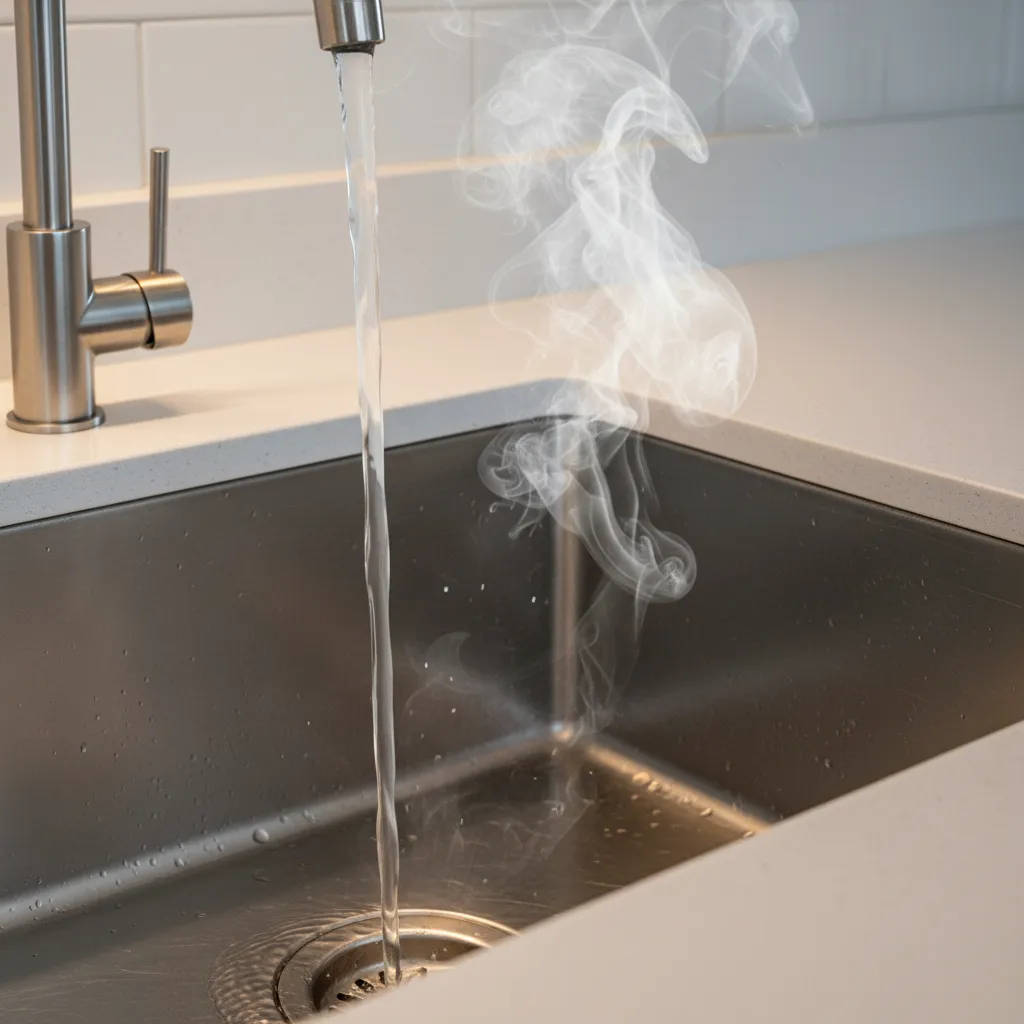 Hot water pouring from metal faucet into kitchen sink drain with white steam rising up