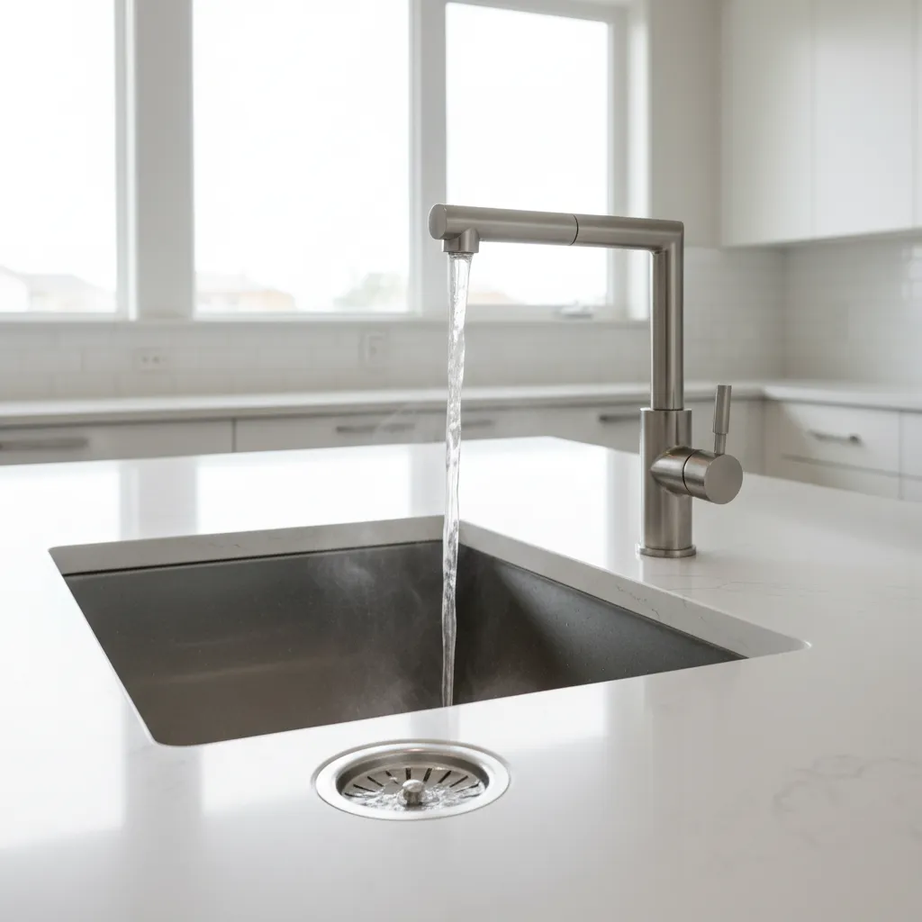 pouring hot water into kitchen sink drain to remove fruit fly breeding areas