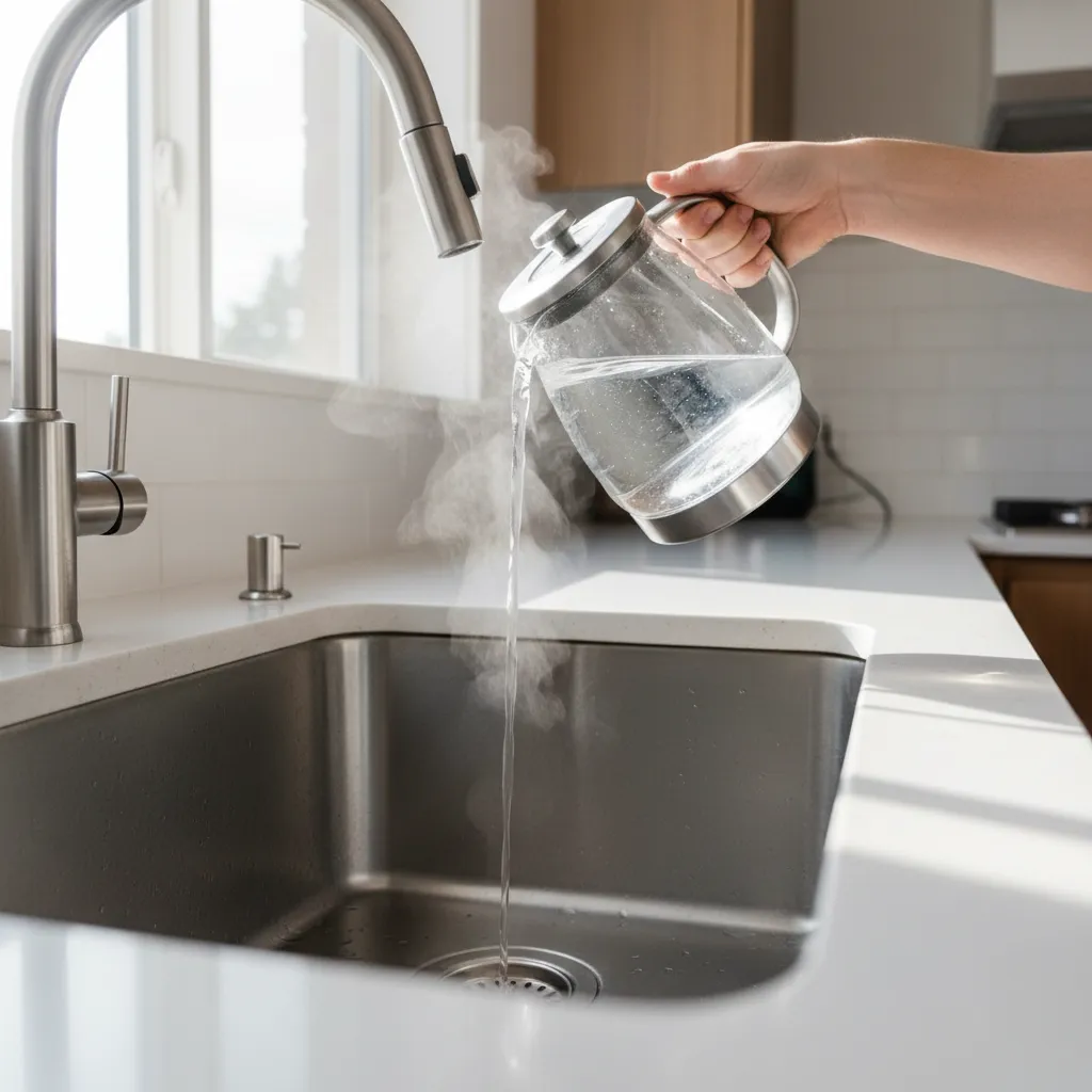 pouring hot water into kitchen drain to prevent small flies