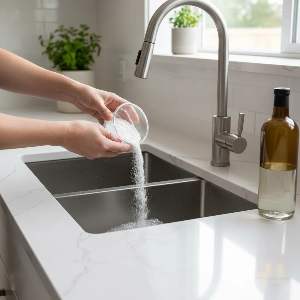 Person pouring baking soda into kitchen sink drain to clean it