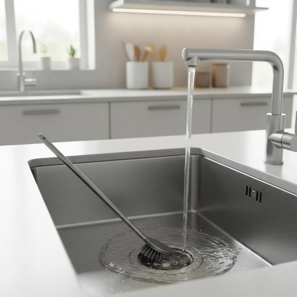 person cleaning kitchen drain with brush and hot water