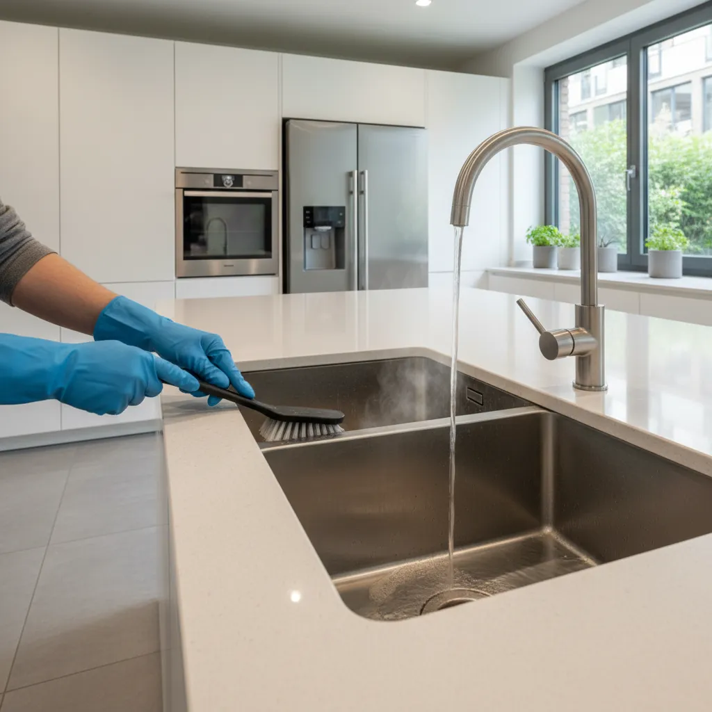 Person wearing blue gloves cleaning a kitchen sink with a brush and running tap water