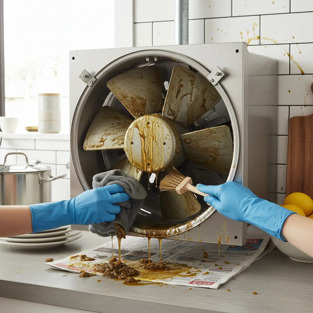 Cleaning grease from kitchen exhaust fan blades