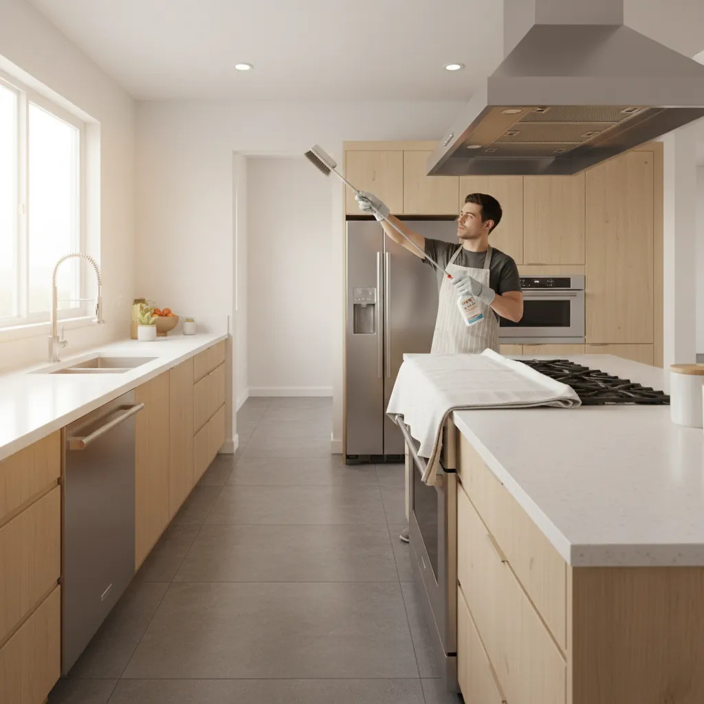 Cleaning kitchen exhaust fan blades with long handle brush