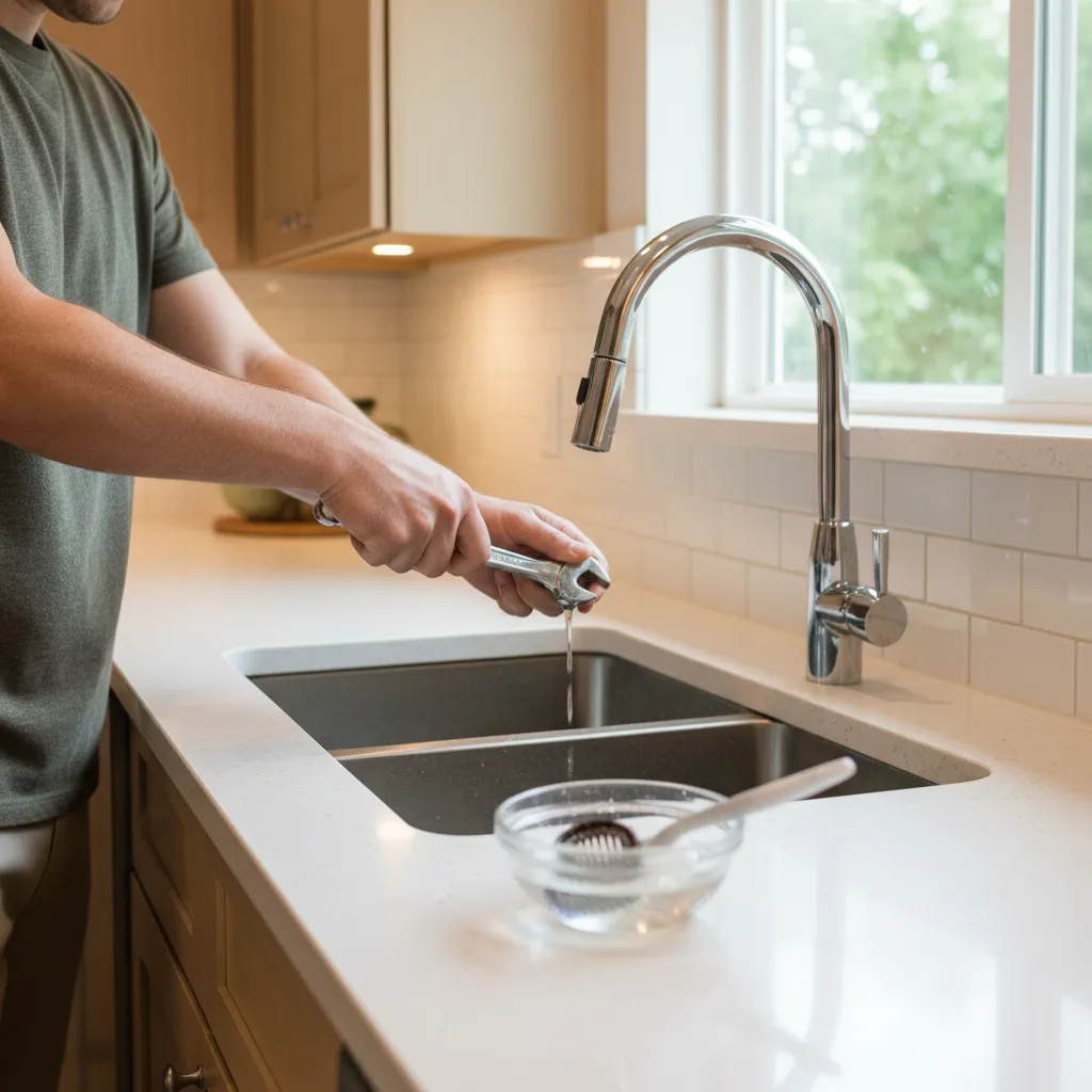 Removing and cleaning a kitchen faucet aerator for maintenance