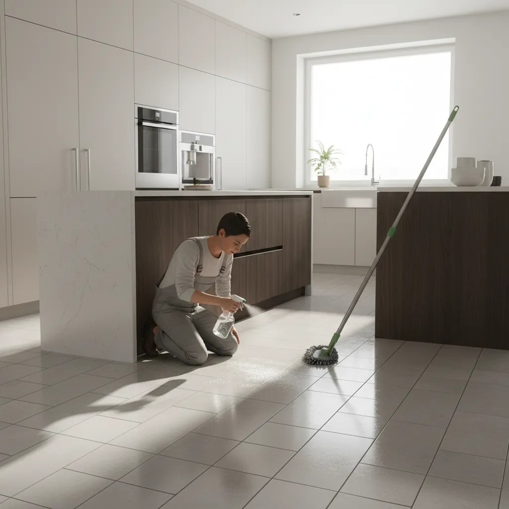Applying degreasing cleaner to kitchen floor tiles