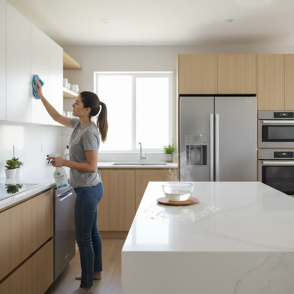 cleaning kitchen grease with warm water and dish soap using microfiber cloth