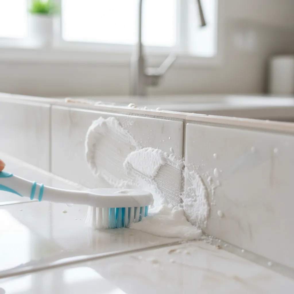 Applying baking soda paste to clean kitchen tile grout lines