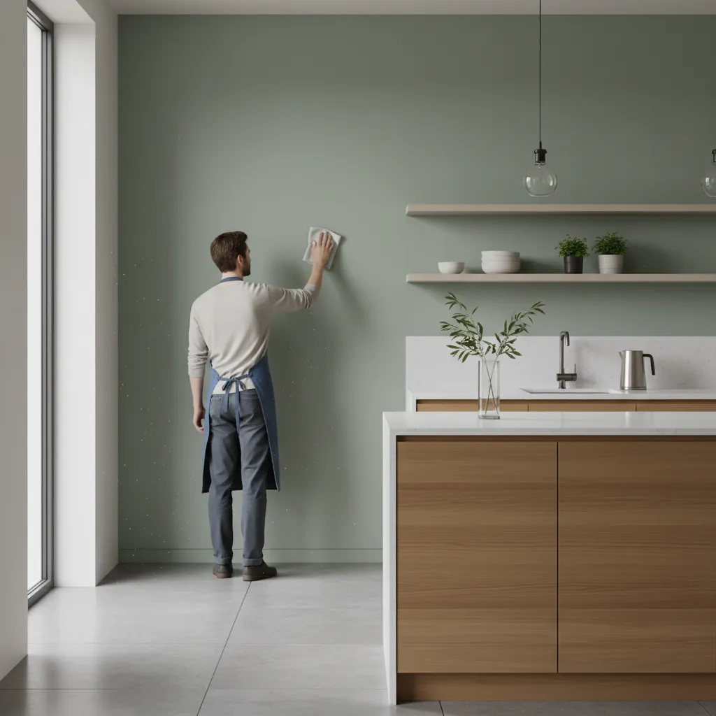 Person wiping a kitchen wall demonstrating washable paint durability
