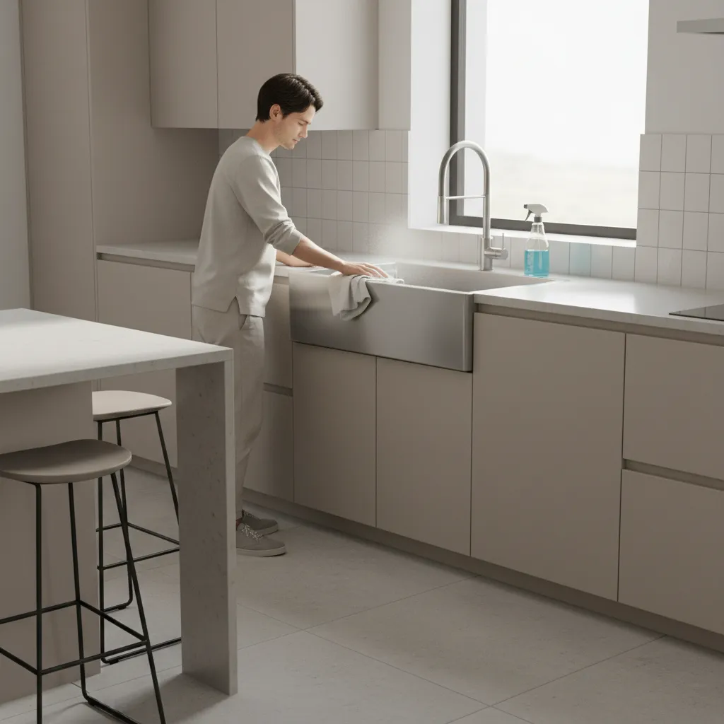 Person cleaning modern kitchen sink and countertop with spray cleaner