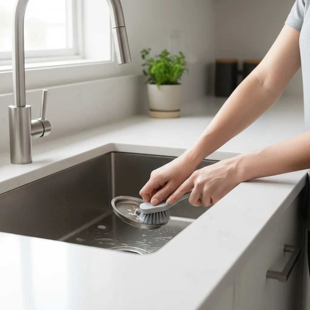 person cleaning kitchen sink drain to remove fruit fly breeding area