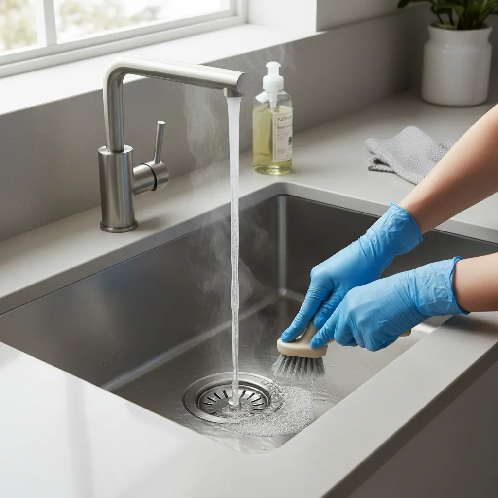 cleaning kitchen sink drain with hot water to remove insect breeding residue