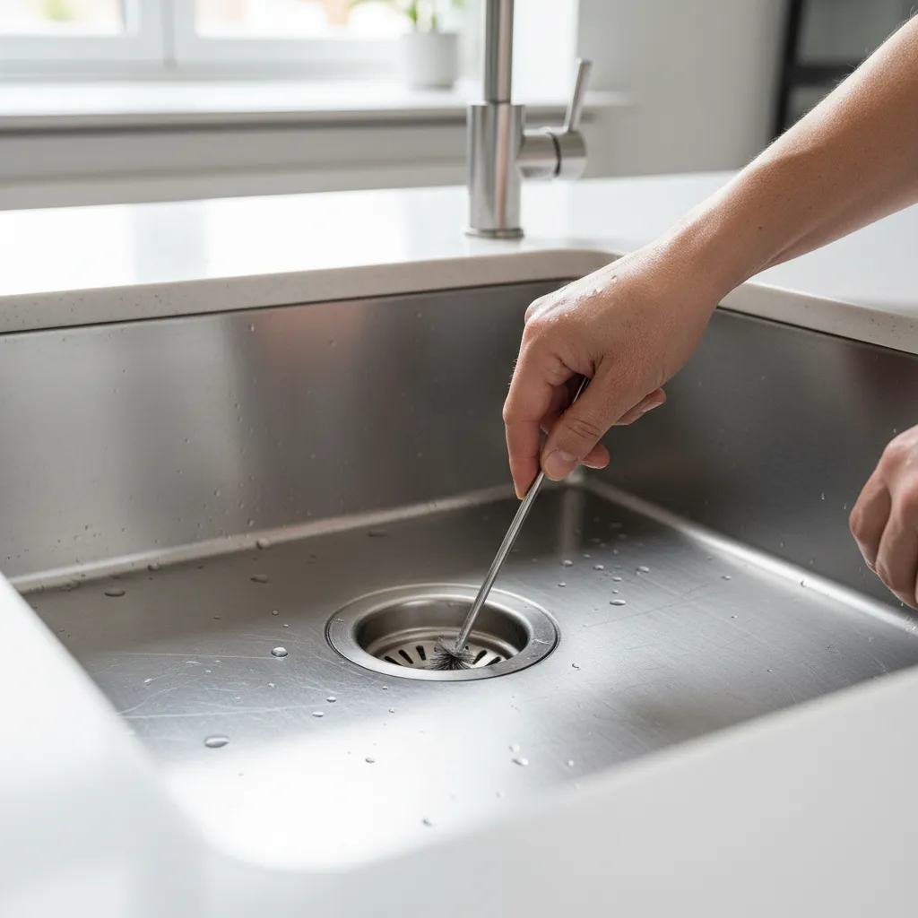 cleaning kitchen sink drain with brush to remove fruit fly breeding residue