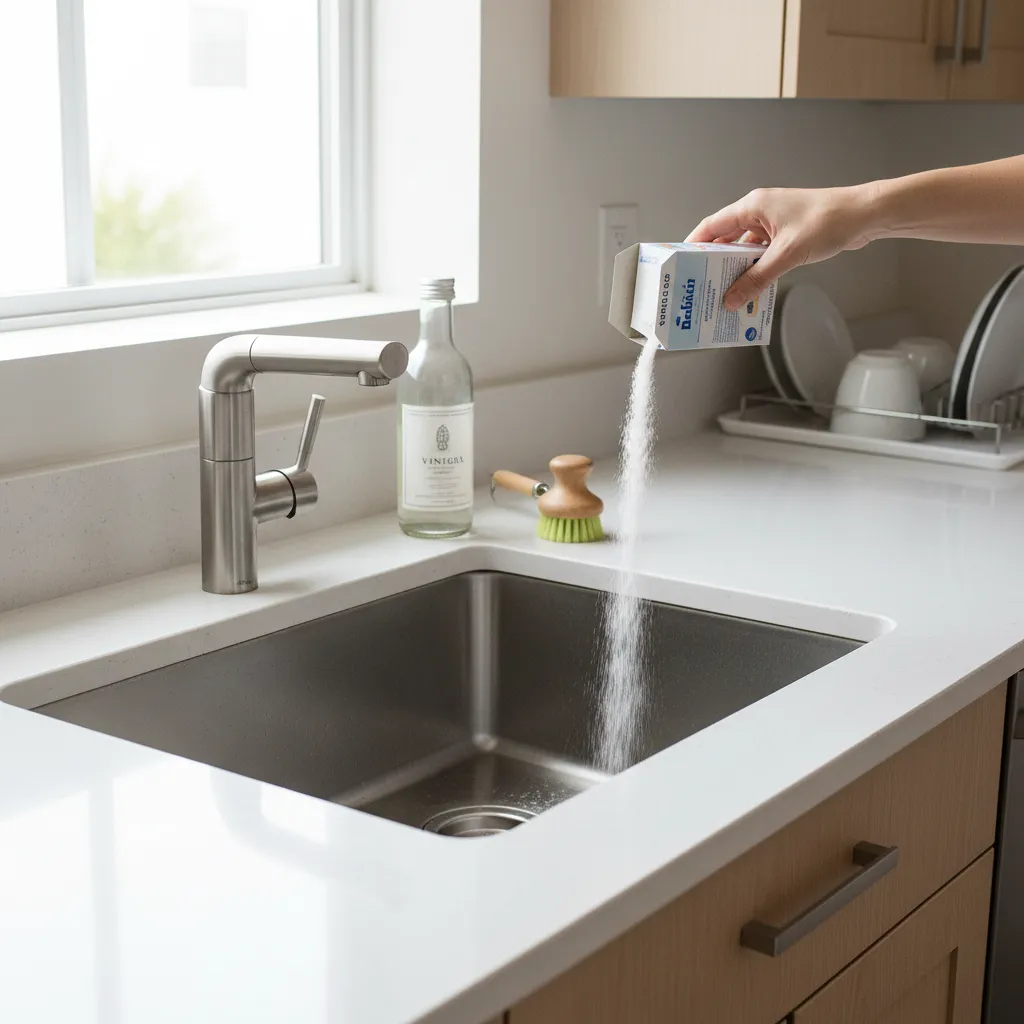Hand pouring white cleaning powder from a box into a stainless steel kitchen sink drain