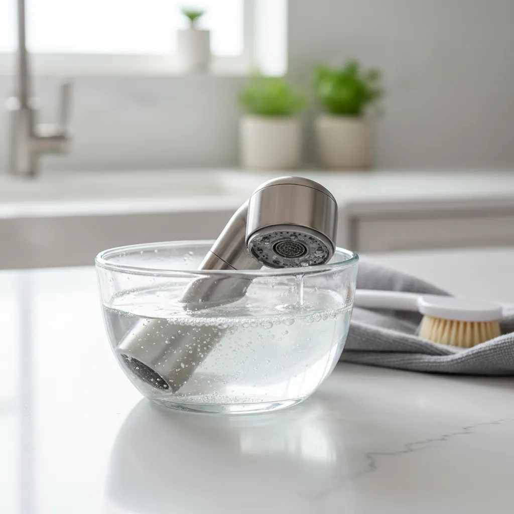 Kitchen sprayer head soaking in vinegar to remove mineral buildup