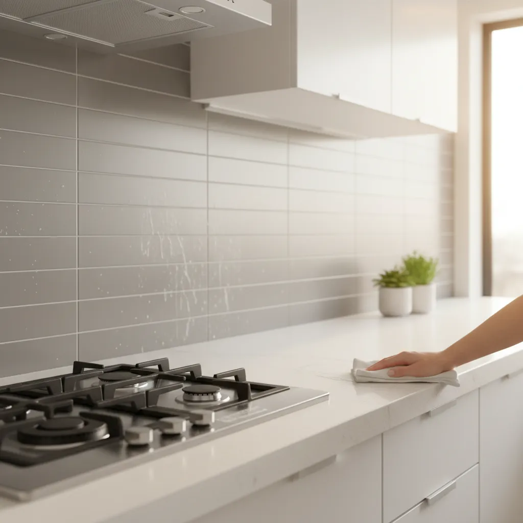 Cleaning backsplash and kitchen counter to remove grease that traps odors