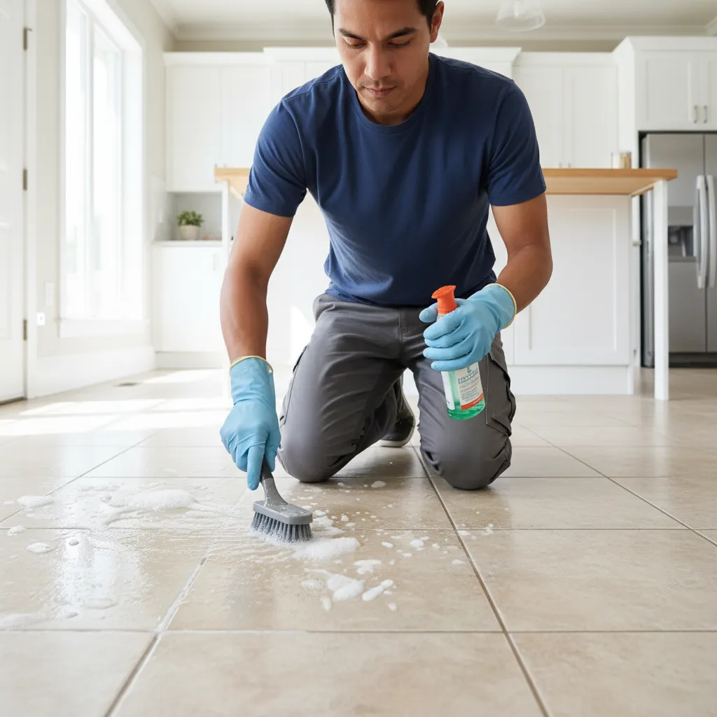 Cleaning tile grout on a kitchen floor using a brush and cleaner