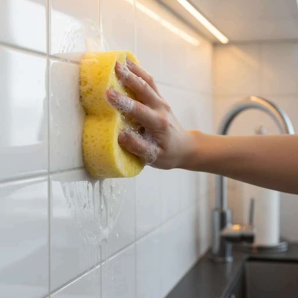 Hand cleaning ceramic kitchen wall tiles with sponge and soap