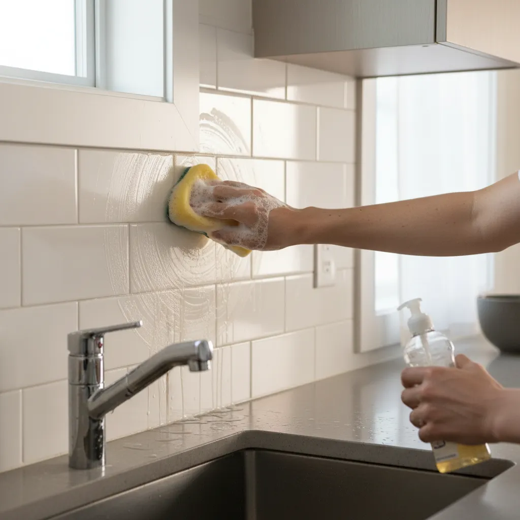 person cleaning kitchen backsplash tiles with sponge and soap solution