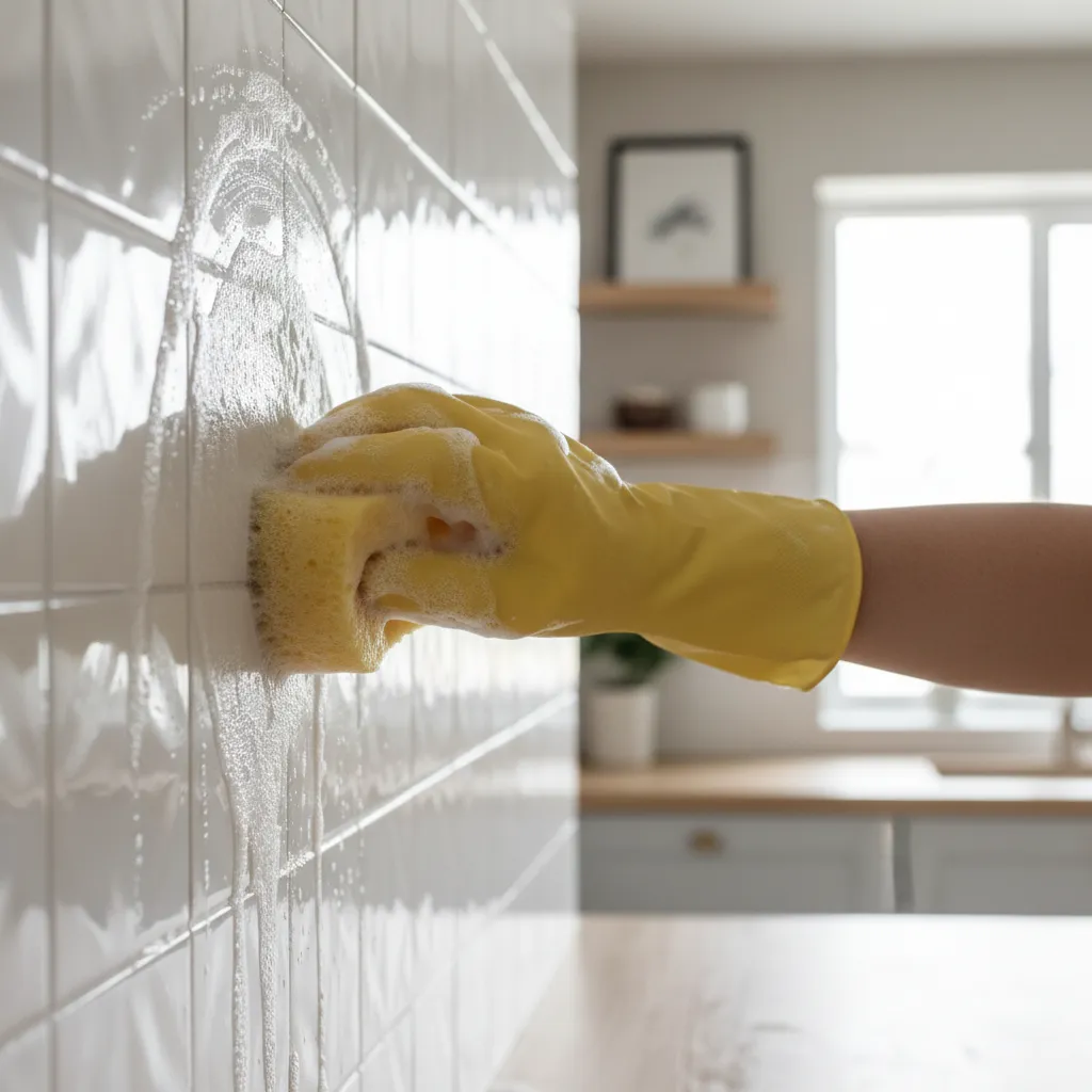Cleaning kitchen wall tiles with sponge and soapy water