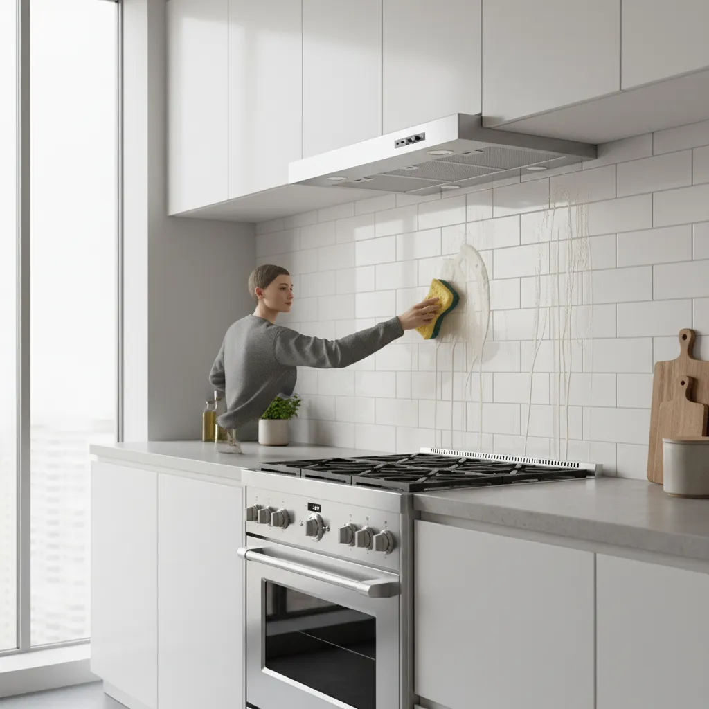 Cleaning kitchen wall tiles using warm soapy water and sponge