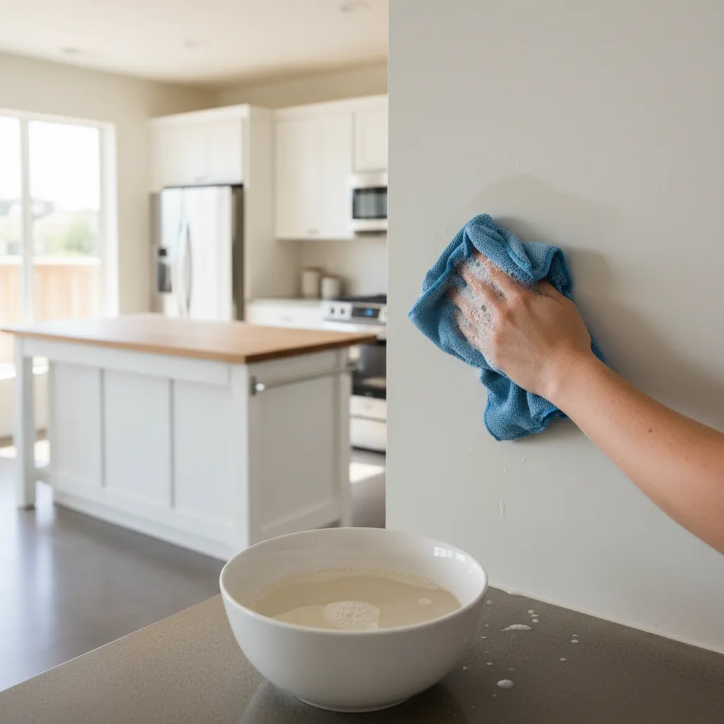 Cleaning kitchen wall with microfiber cloth and soap solution
