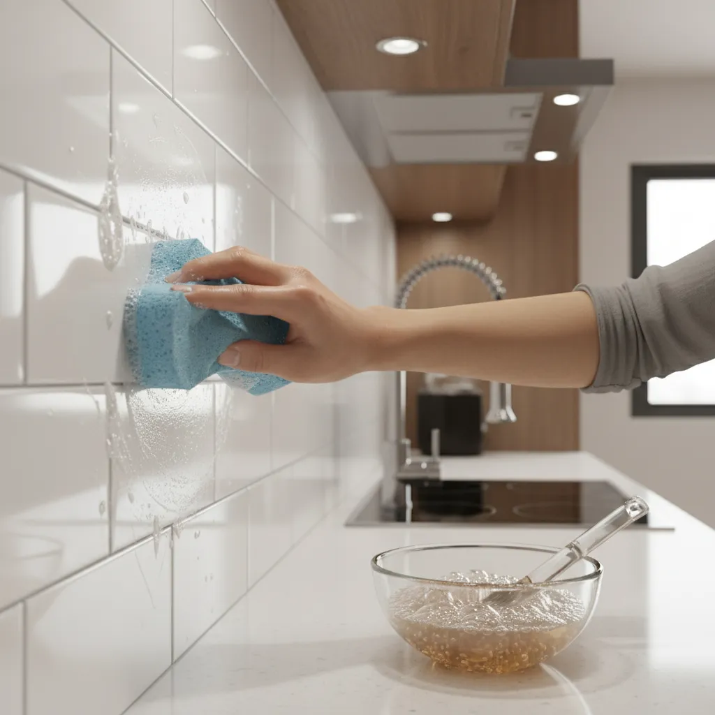 Hand cleaning white kitchen wall tiles with a blue sponge and bowl of soapy water
