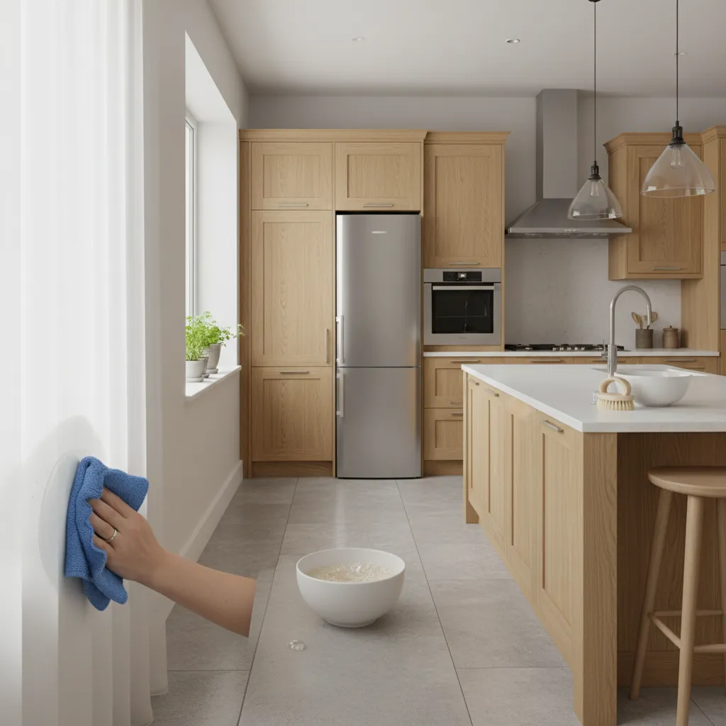 cleaning grease from kitchen wall with microfiber cloth and soap solution