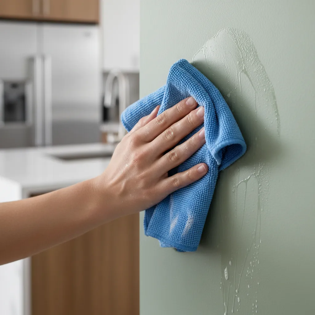 Cleaning a kitchen wall using microfiber cloth and soapy water