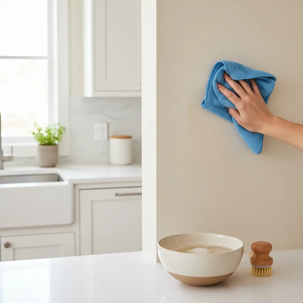 Cleaning grease stains from kitchen wall using microfiber cloth