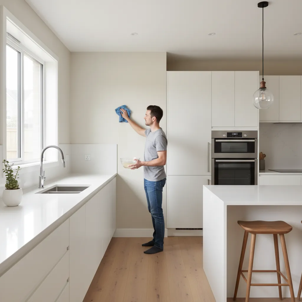 cleaning kitchen wall grease using microfiber cloth and soap solution